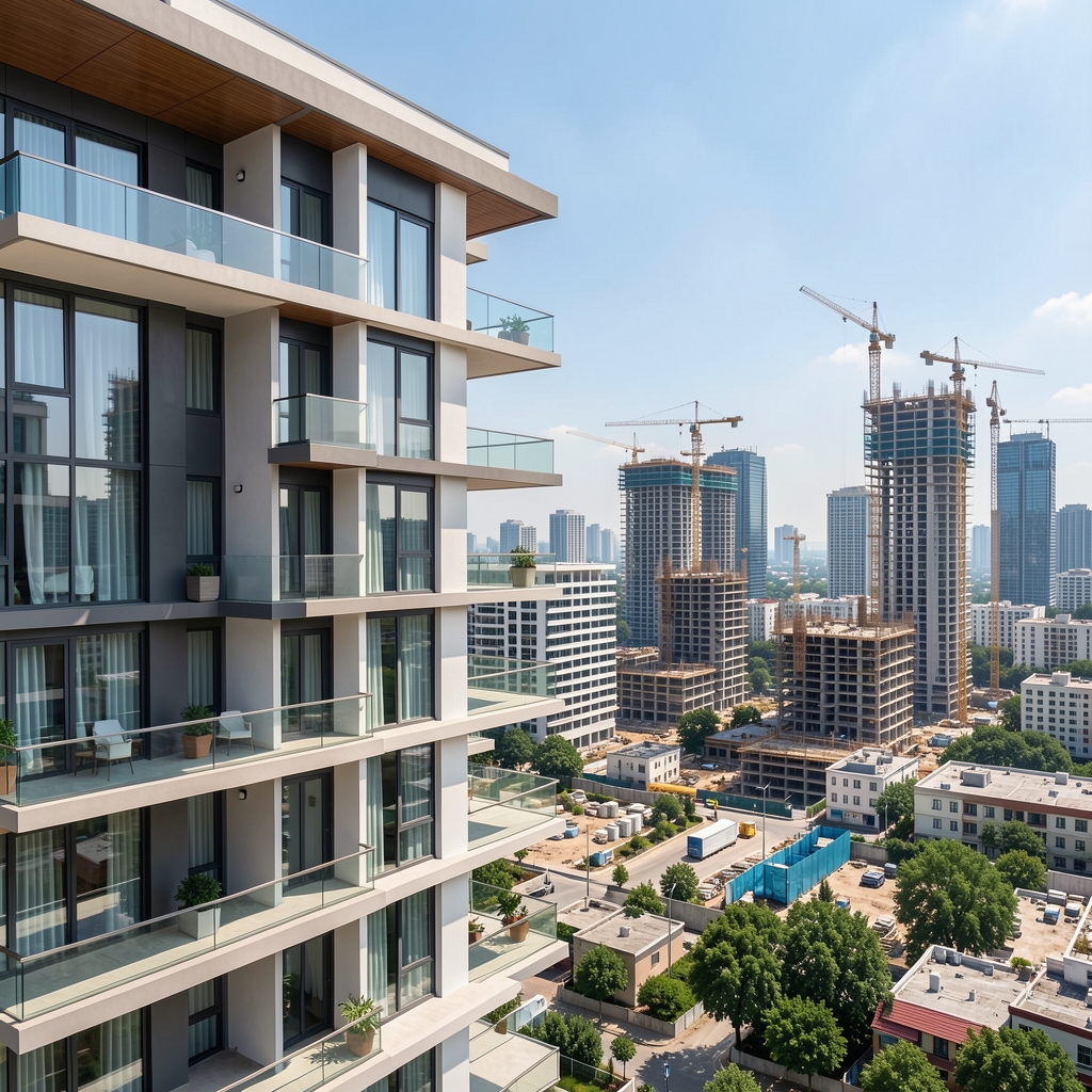 Modern apartman binasının dışından çekilmiş fotoğraf, güneşli bir günde şehir manzarası ve yeni inşaat projeleri görünüyor
