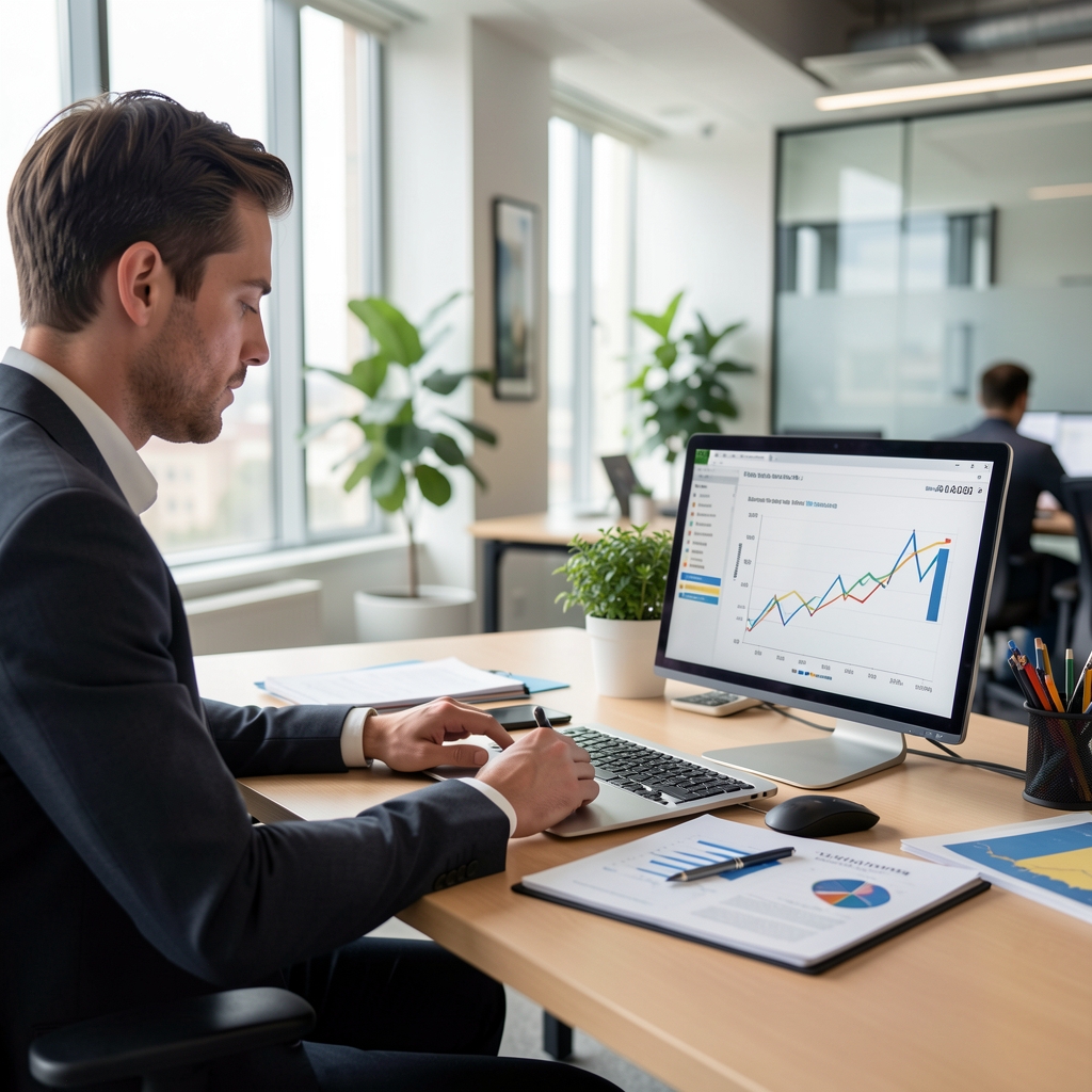 Modern bir çalışma masasında finansal plan dökümanları ve grafik analizleri inceleyen profesyonel bir kişi, açık renkli ofis ortamı
